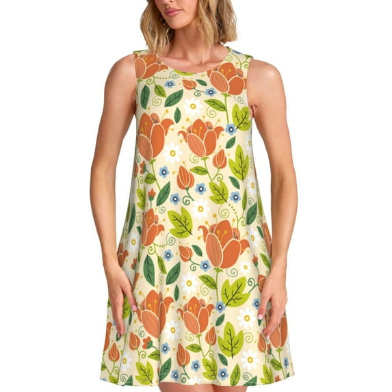 Wukai Rose Daisy Print Women's Sleeveless Dress, Loose Fit Casual Dress for Women, Comfortable Sleeveless Summer Dress