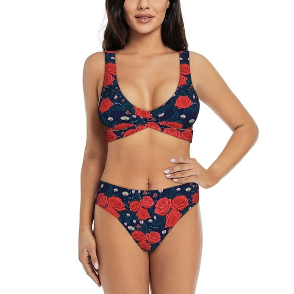 Wukai Rose Flower Women's Bikini Set Two Piece,wimsuit High Waisted V Neck Twist Front Adjustable Spaghetti Straps Bathing Suit-Medium