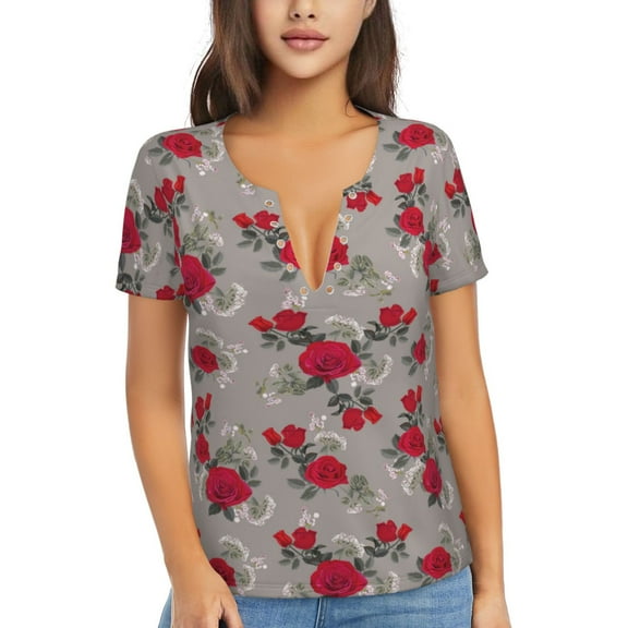 Wukai Rose Flowers Casual V-Neck Graphic Tees for Women: Lightweight and Breathable Summer Tops with Stylish Design-Large