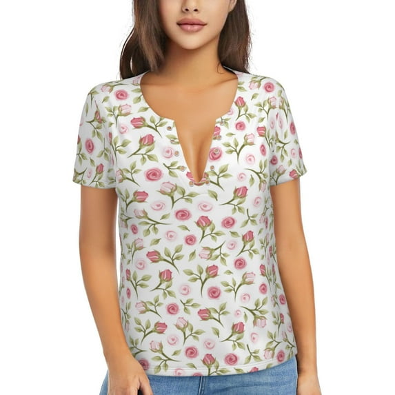 Wukai Rose Flowers Casual V-Neck Graphic Tees for Women: Lightweight and Breathable Summer Tops with Stylish Design-X-Large