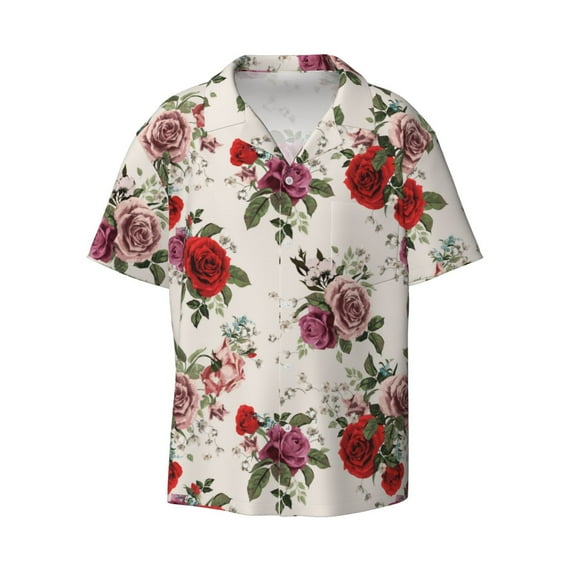Wukai Rose Flowers Men's Casual Short-Sleeve Button Down Shirt - Lightweight Summer Dress Shirt for Daily Wear-3X-Large