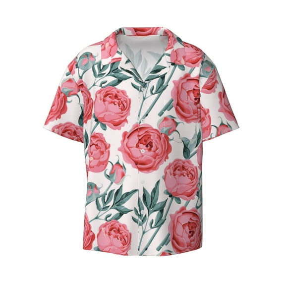 Wukai Rose Flowers Men's Casual Short-Sleeve Button Down Shirt - Lightweight Summer Dress Shirt for Daily Wear-3X-Large