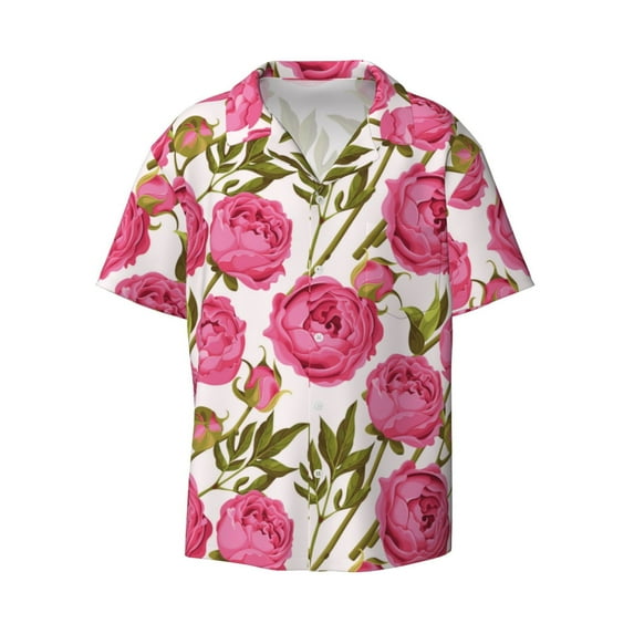 Wukai Rose Flowers Men's Casual Short-Sleeve Button Down Shirt - Lightweight Summer Dress Shirt for Daily Wear-3X-Large