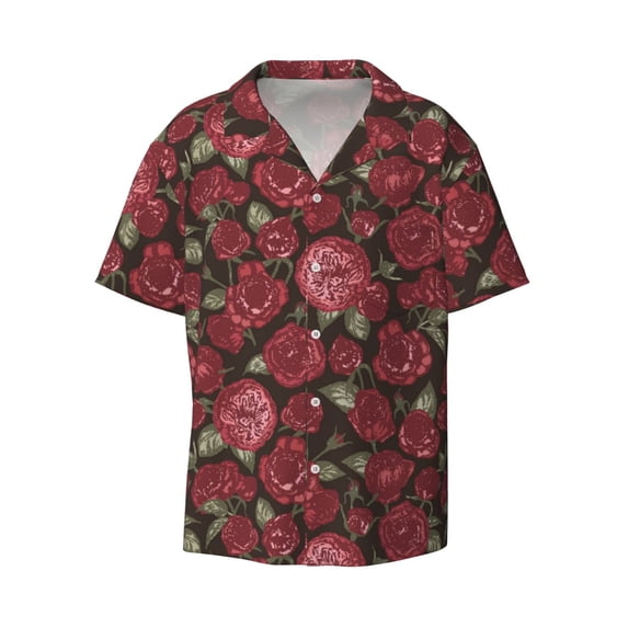 Wukai Rose Flowers Men's Casual Short-Sleeve Button Down Shirt - Lightweight Summer Dress Shirt for Daily Wear-3X-Large
