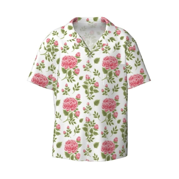 Wukai Rose Flowers Men's Casual Short-Sleeve Button Down Shirt - Lightweight Summer Dress Shirt for Daily Wear-Large