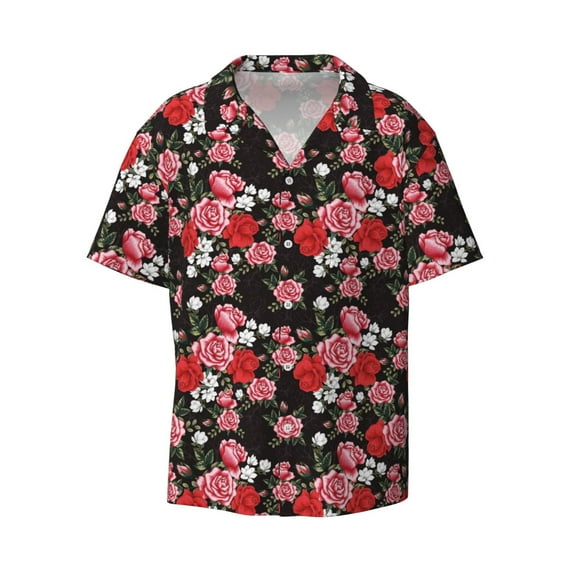 Wukai Rose Flowers Men's Casual Short-Sleeve Button Down Shirt - Lightweight Summer Dress Shirt for Daily Wear-Small
