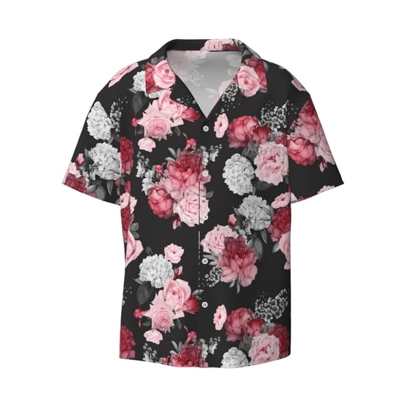Wukai Rose Flowers Men's Casual Short-Sleeve Button Down Shirt - Lightweight Summer Dress Shirt for Daily Wear-XX-Large