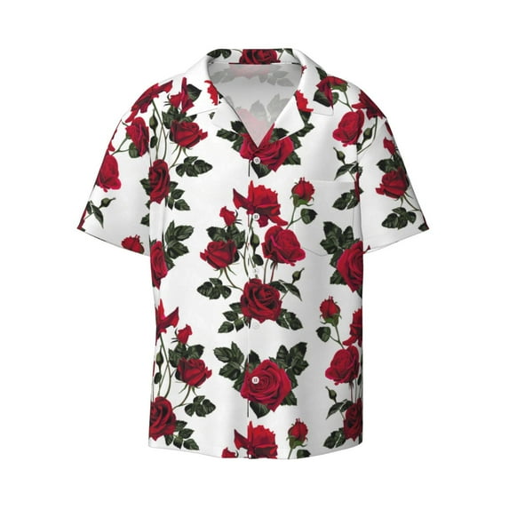Wukai Rose Flowers Men's Casual Short-Sleeve Button Down Shirt - Lightweight Summer Dress Shirt for Daily Wear-