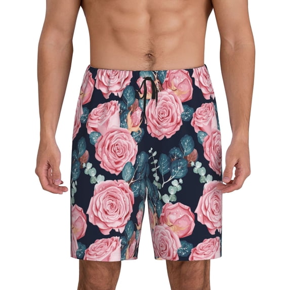 Wukai Rose Flowers Men’s Short Pajama Pants With Pockets Soft Sleep Pj Shorts for Men-Medium