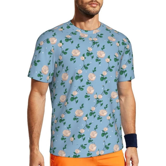 Wukai Rose Flowers Print Men's Short-Sleeved Mesh T-Shirt,Quick-Dry Short Sleeve Workout T-Shirt-3X-Large