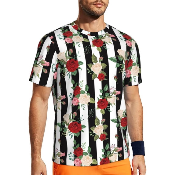 Wukai Rose Flowers Print Men's Short-Sleeved Mesh T-Shirt,Quick-Dry Short Sleeve Workout T-Shirt-6X-Large