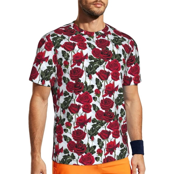 Wukai Rose Flowers Print Men's Short-Sleeved Mesh T-Shirt,Quick-Dry Short Sleeve Workout T-Shirt-Large