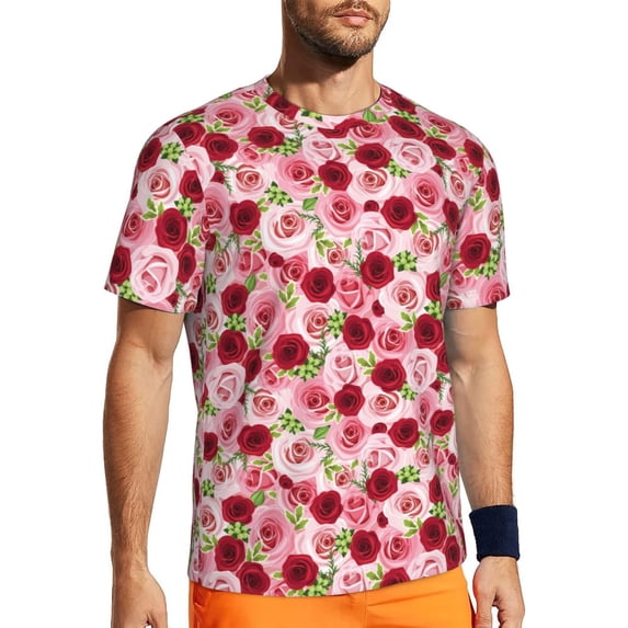 Wukai Rose Flowers Print Men's Short-Sleeved Mesh T-Shirt,Quick-Dry Short Sleeve Workout T-Shirt-Large