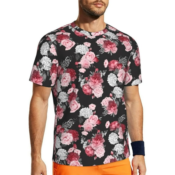 Wukai Rose Flowers Print Men's Short-Sleeved Mesh T-Shirt,Quick-Dry Short Sleeve Workout T-Shirt-X-Large