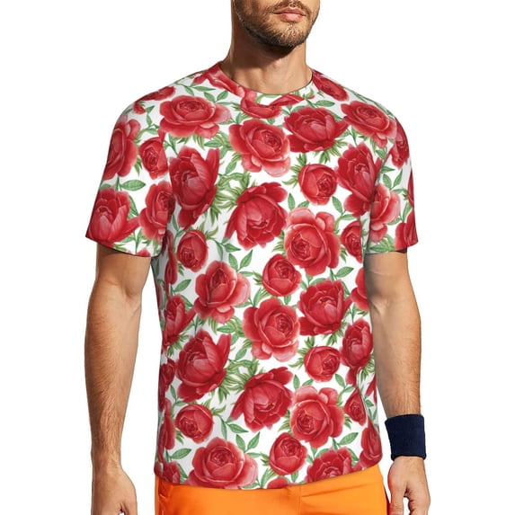 Wukai Rose Flowers Print Men's Short-Sleeved Mesh T-Shirt,Quick-Dry Short Sleeve Workout T-Shirt-