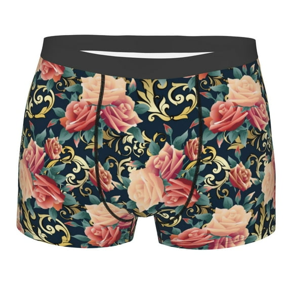 Wukai Rose Flowers Print Men’s Underwear Breathable Boxer Briefs, Moisture Wicking & Breathable-Small