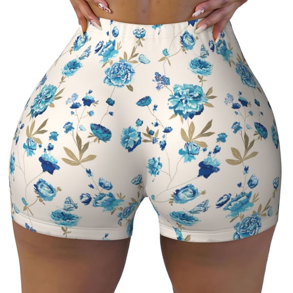 Wukai Rose Flowers Print Pack Biker Shorts for Women Yoga Workout Gym Running Scrunch Active Shorts-Medium