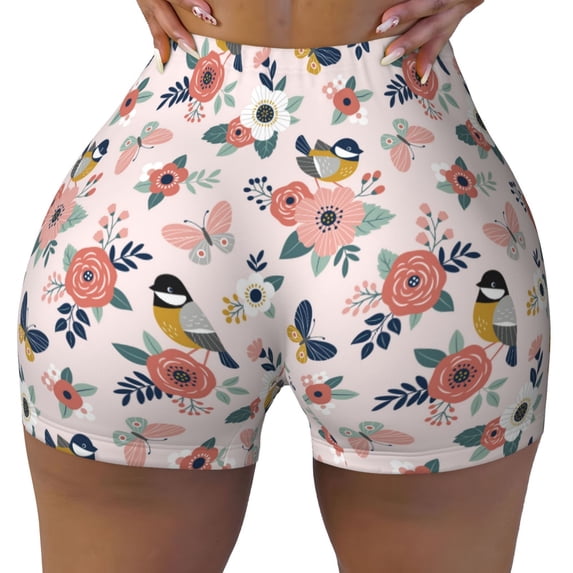 Wukai Rose Flowers Print Pack Biker Shorts for Women Yoga Workout Gym Running Scrunch Active Shorts-Small