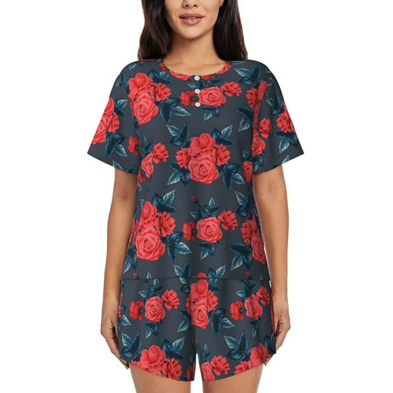 Wukai Rose Flowers Print Women's Pajama Set - Short-Sleeve Top and Shorts with Elastic Waistband and Pockets for Loungewear, Yoga, and Casual Wear-4X-Large