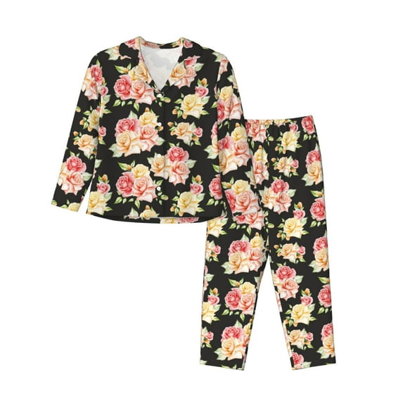 Wukai Rose Flowers Print Women's Pajama Set - Soft Long Sleeve Sleepwear for Comfort and Style-Large