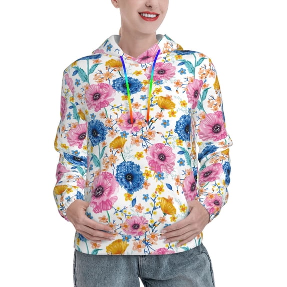 Wukai Rose Flowers Print Womens Hoodies Fleece Sweatshirts Long Sleeve Sweaters Pullover Fall Outfits Winter Clothes-X-Large