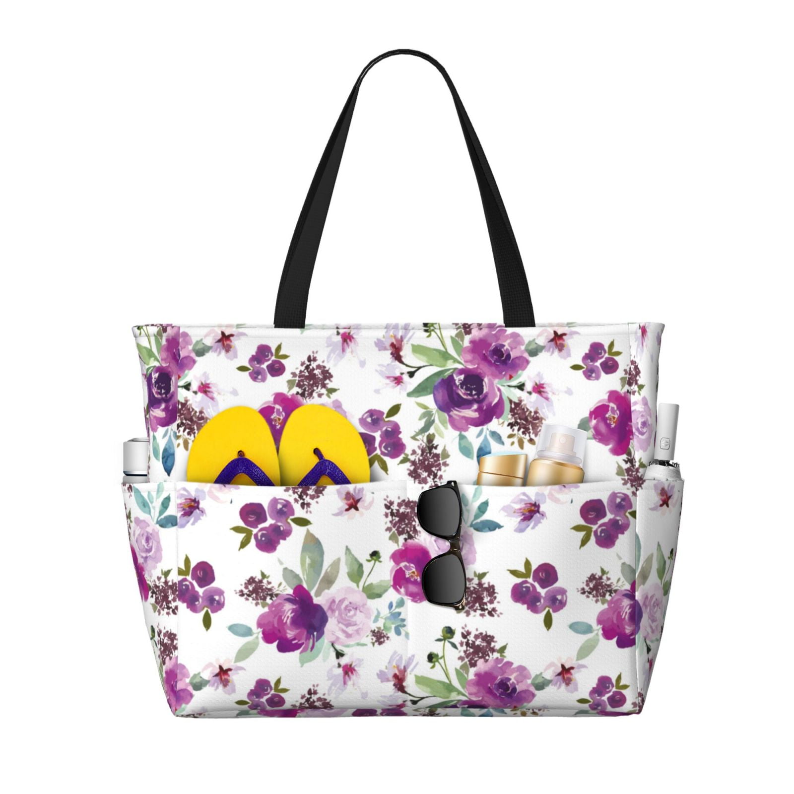 Wukai Rose Flowers Print Zipper Bag large Beach Tote Bag Waterproof Sandproof Bag Grocery and Picnic Tote Travel Bag Walmart