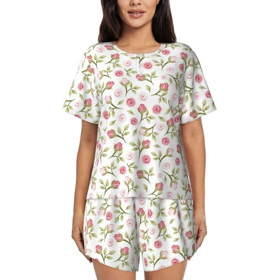 Wukai Rose Flowers Women's Pajama Set,Short-Sleeve Top and Shorts with Elastic Waistband and Pockets for Loungewear, Yoga, and Casual Wear-3X-Large