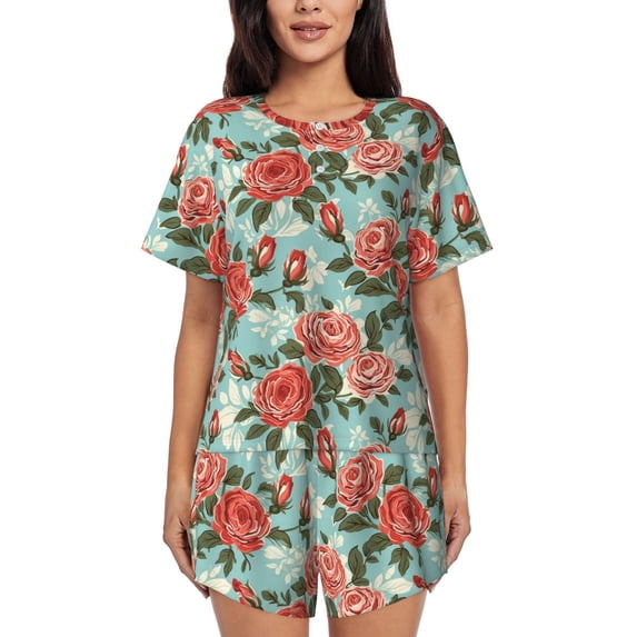 "Wukai Rose Flowers Women's Pajama Set - Short-Sleeve Top and Shorts with Elastic Waistband and Pockets for Loungewear, Yoga, and Casual Wear-Small