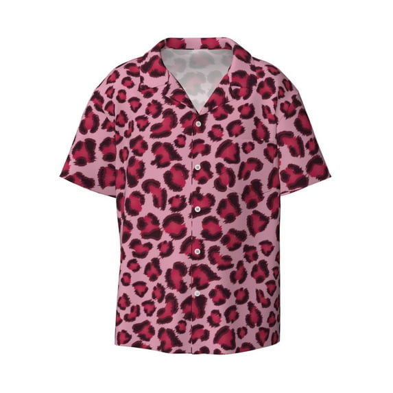 Wukai Rose Leopard Print Men's Casual Short-Sleeve Button Down Shirt - Lightweight Summer Dress Shirt for Daily Wear-Small