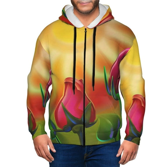 Wukai Rose Psychedelic Print Men's Zip-Up Hoodie,Fleece Full-Zip Hoodie for Men, Hooded Sweatshirt-Small
