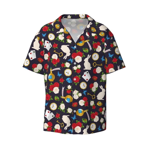 Wukai Rose Rabbit Men's Casual Short-Sleeve Button Down Shirt - Lightweight Summer Dress Shirt for Daily Wear-3X-Large