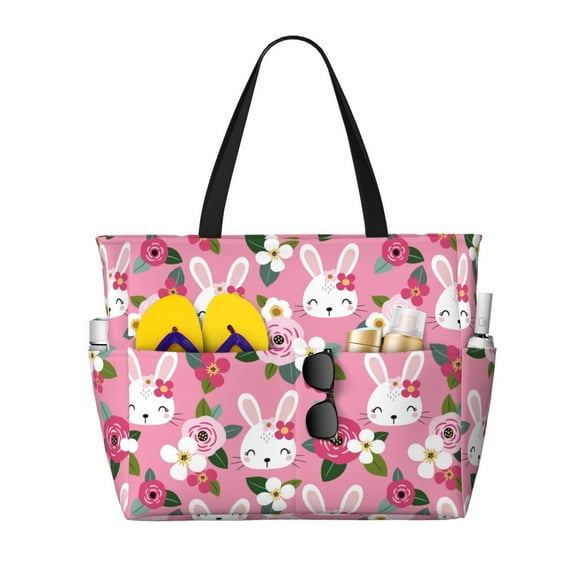 Wukai Rose Rabbit Print Zipper Bag,large Beach Tote Bag,Waterproof Sandproof Bag,Grocery and Picnic Tote Travel Bag