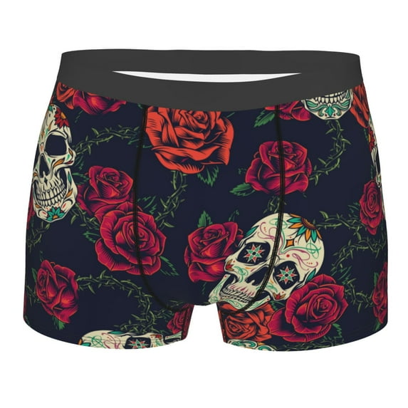 Wukai Roses Skulls Print Men’s Underwear Breathable Boxer Briefs, Moisture Wicking & Breathable-Large