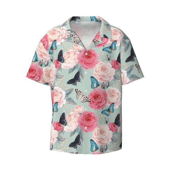 Wukai Roses and Butterflies Men's Casual Short-Sleeve Button Down Shirt - Lightweight Summer Dress Shirt for Daily Wear-Small
