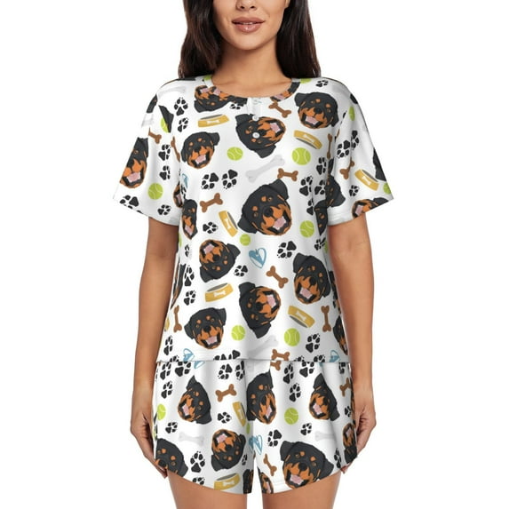 Wukai Rottweiler Print Women's Pajama Set - Short-Sleeve Top and Shorts with Elastic Waistband and Pockets for Loungewear, Yoga, and Casual Wear-Small