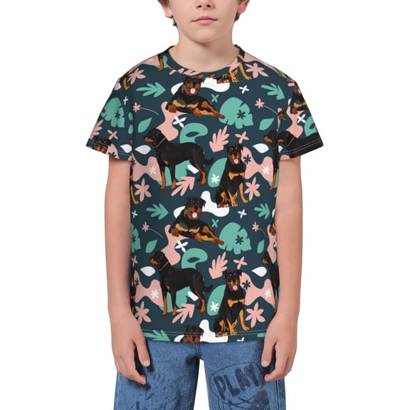 Wukai Rottweiler Youth Unisex Short Sleeve T-Shirt for Boys, Girls, Teens, and Kids-Large