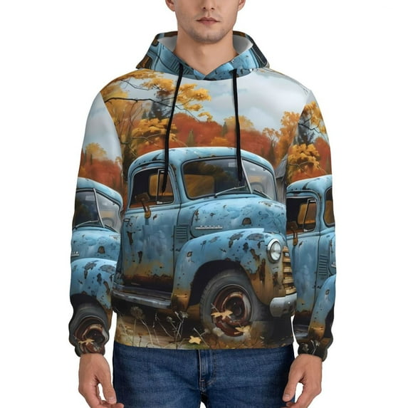 Wukai Rustic Vintage Truck Autumn Print Men Hoodies Fleece Sweatshirts Long Sleeve Sweaters Pullover Fall Outfits Winter Clothes-Large
