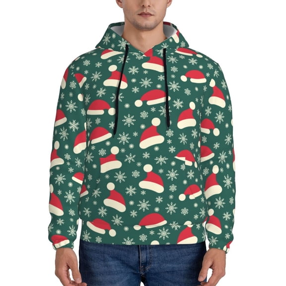 Wukai Santa Hat Joy Green Festive Print Men Hoodies Fleece Sweatshirts Long Sleeve Sweaters Pullover Fall Outfits Winter Clothes-Small