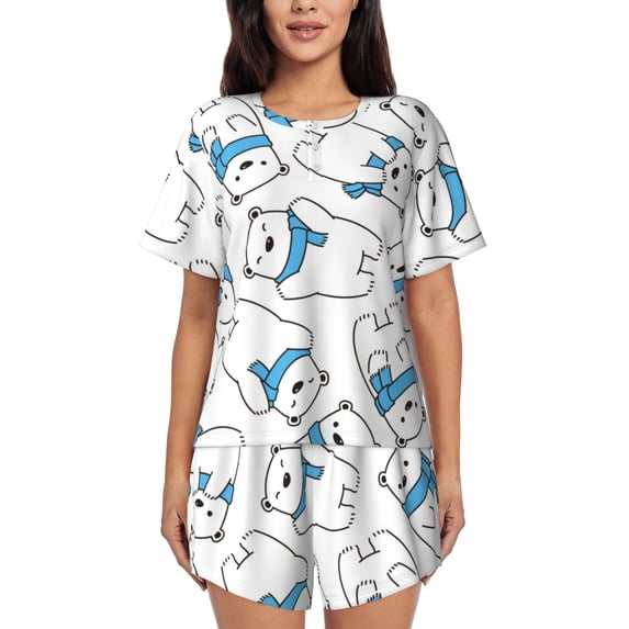 Wukai Scarf Bear Women's Pajama Set,Short-Sleeve Top and Shorts with Elastic Waistband and Pockets for Loungewear, Yoga, and Casual Wear-Large