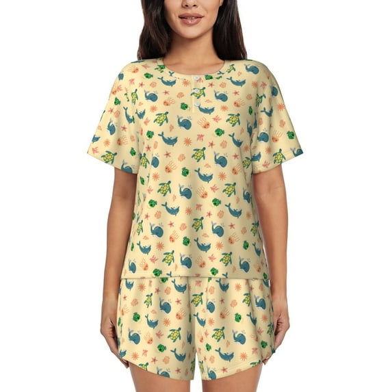 Wukai Sea Turtle And Whale Women's Pajama Set,Short-Sleeve Top and Shorts with Elastic Waistband and Pockets for Loungewear, Yoga, and Casual Wear-Large
