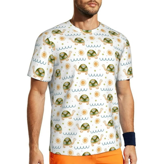 Wukai Sea Turtle Basking in the Sun Print Men's Short-Sleeved Mesh T-Shirt,Quick-Dry Short Sleeve Workout T-Shirt-6X-Large