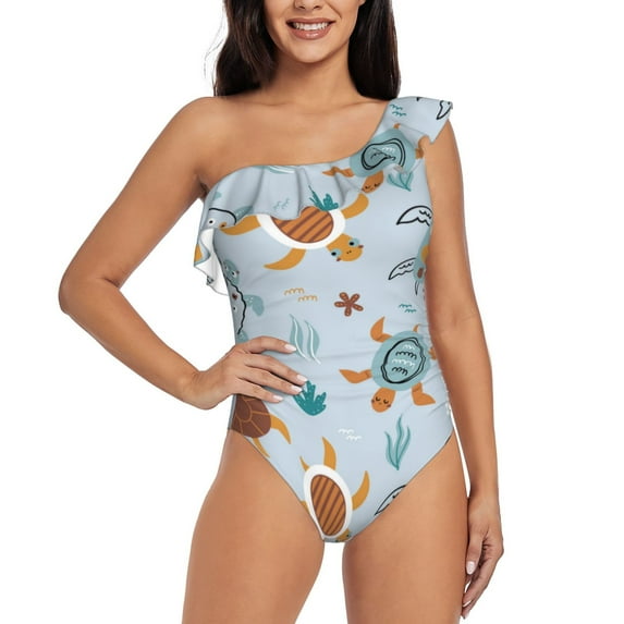 Wukai Sea Turtle Chic One Shoulder Swimwear with Ruffle Design and Tummy Control Skirt: Fashionable, Supportive, Comfortable for Beach-Large