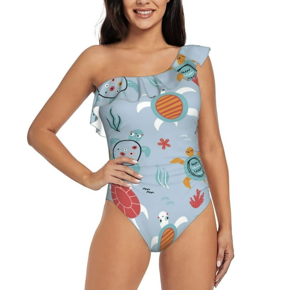 Wukai Sea Turtle Chic One Shoulder Swimwear with Ruffle Design and Tummy Control Skirt: Fashionable, Supportive, Comfortable for Beach-Small