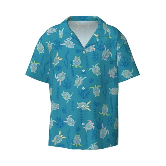 Wukai Sea Turtle Men's Casual Short-Sleeve Button Down Shirt - Lightweight Summer Dress Shirt for Daily Wear-Large