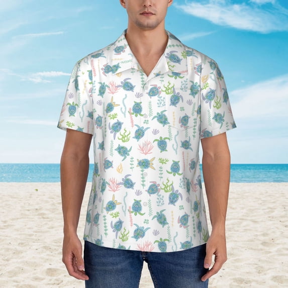 Wukai Sea Turtle Men's Hawaiian Shirt Short Sleeve Casual Button Down Summer Beach Aloha Shirt Tropical Print Holiday Party