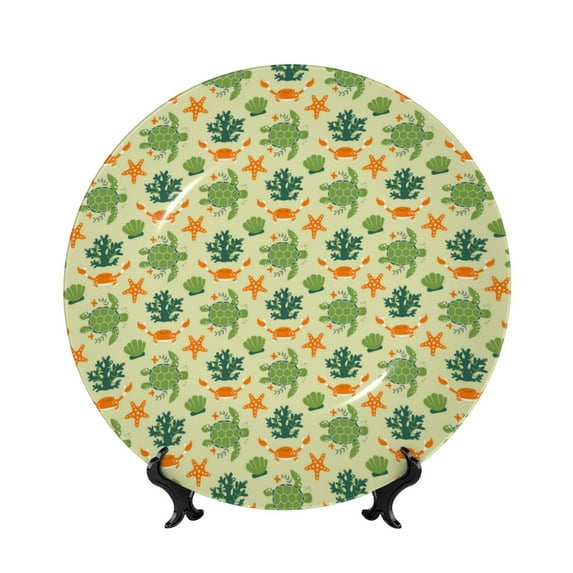 Wukai Sea Turtle Print Decorative Plate for Display,Bone China Decorative Plate, Ceramic Dinner Plate with Stand, Vertical Ceramic Plate-7in