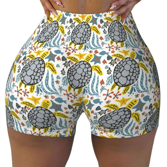 Wukai Sea Turtle Print Pack Biker Shorts for Women Yoga Workout Gym Running Scrunch Active Shorts-