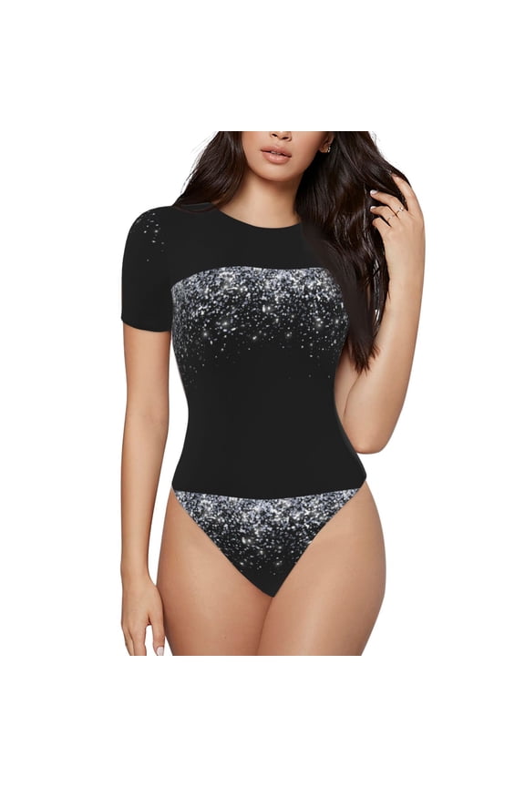 Silver Glitter1 Women's Short-Sleeved Onesie, One-Piece Swimsuit for Parties, dates, clubs - Small