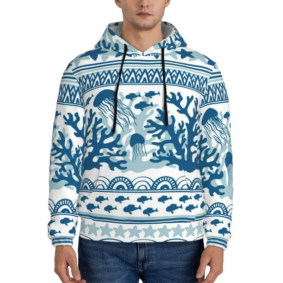 Wukai Sea Underwater Jellyfish Print Men Hoodies Fleece Sweatshirts Long Sleeve Sweaters Pullover Fall Outfits Winter Clothes-Large