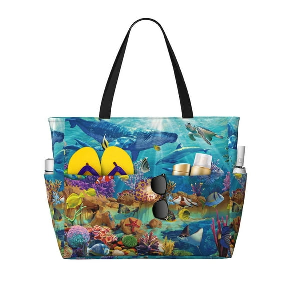 Wukai Sea World Print Zipper Bag,large Beach Tote Bag,Waterproof Sandproof Bag,Grocery and Picnic Tote Travel Bag